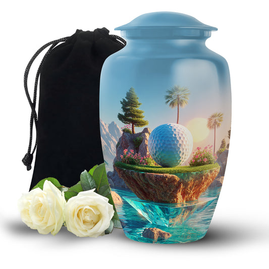 Misty Blue Golf Cremation Urn angled view of lid and engraved motif - classic sculpted golf pattern on smooth aluminum - full-size 10 inch 200 cubic inch adult cremation urn