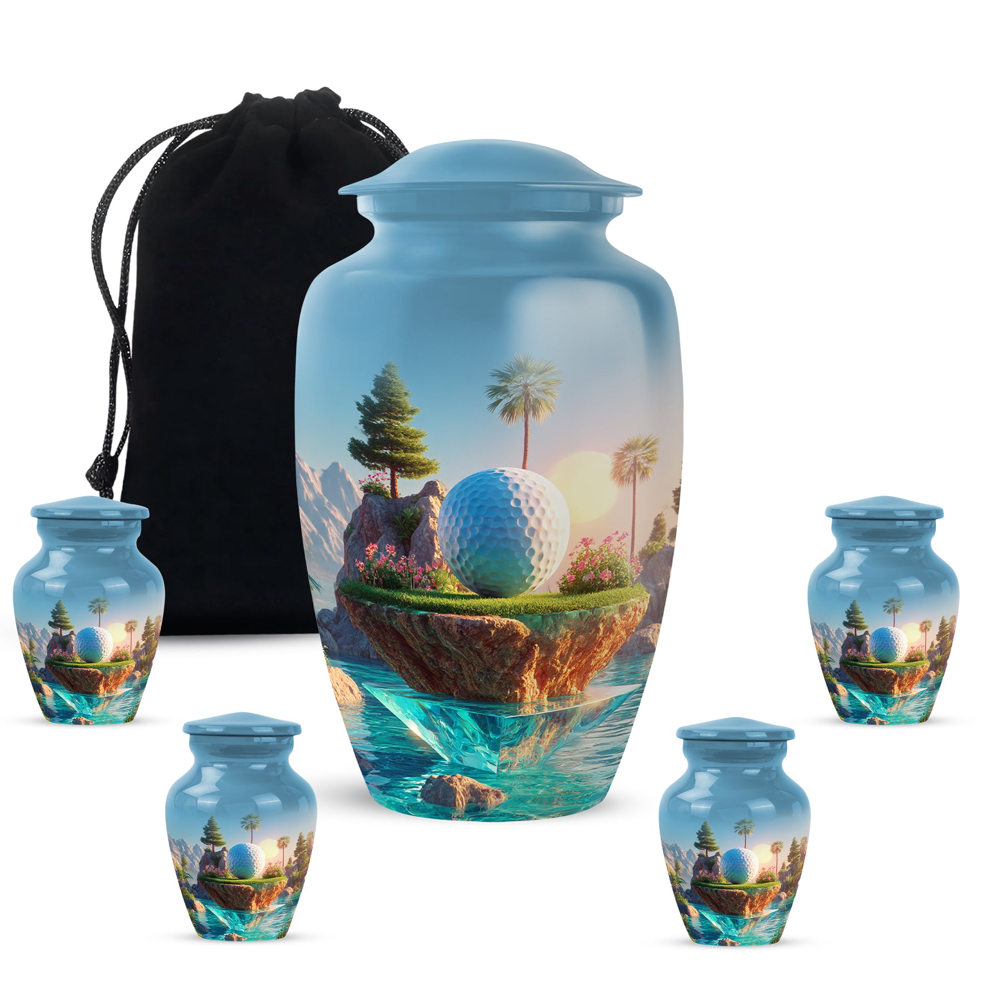 Celestial Blue Golf Cremation Urn top-down view of secure threaded lid - classic sculpted golf pattern on smooth aluminum - memorial set with one large and four small urns