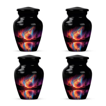 Glossy Black Golf Cremation Urn side profile showing urn shape - timeless golf motif etched into premium metal - 10 inch aluminum urn for cremated remains