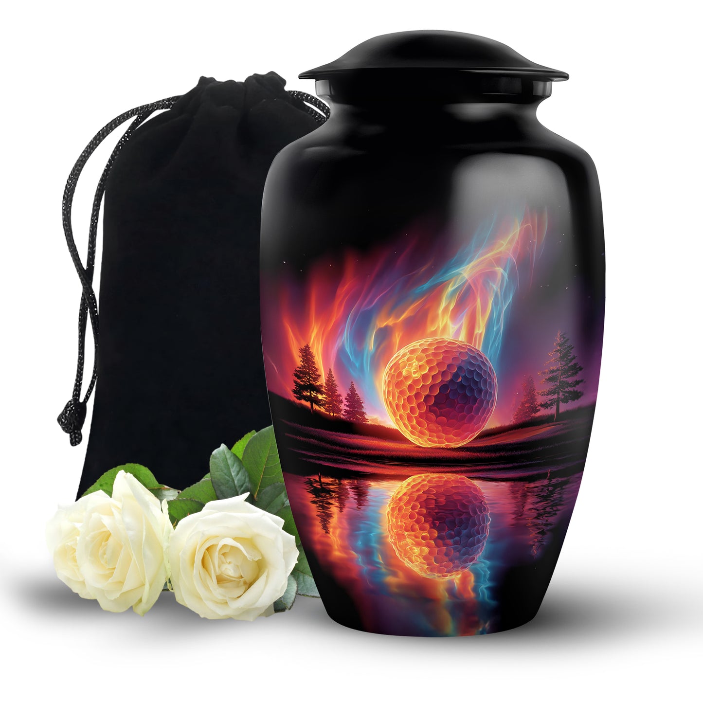 Deep Black Golf Cremation Urn angled view of lid and engraved motif - classic sculpted golf pattern on smooth aluminum - full-size 10 inch 200 cubic inch adult cremation urn