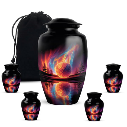 Deep Black Golf Cremation Urn top-down view of secure threaded lid - timeless golf motif etched into premium metal - memorial set with one large and four small urns