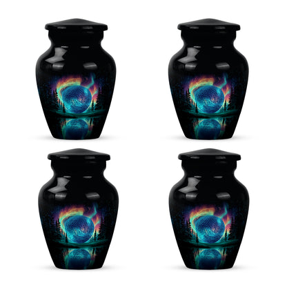 Obsidian Black Golf Cremation Urn side profile showing urn shape - elegant classic golf relief with fine detailing - 10 inch aluminum urn for cremated remains