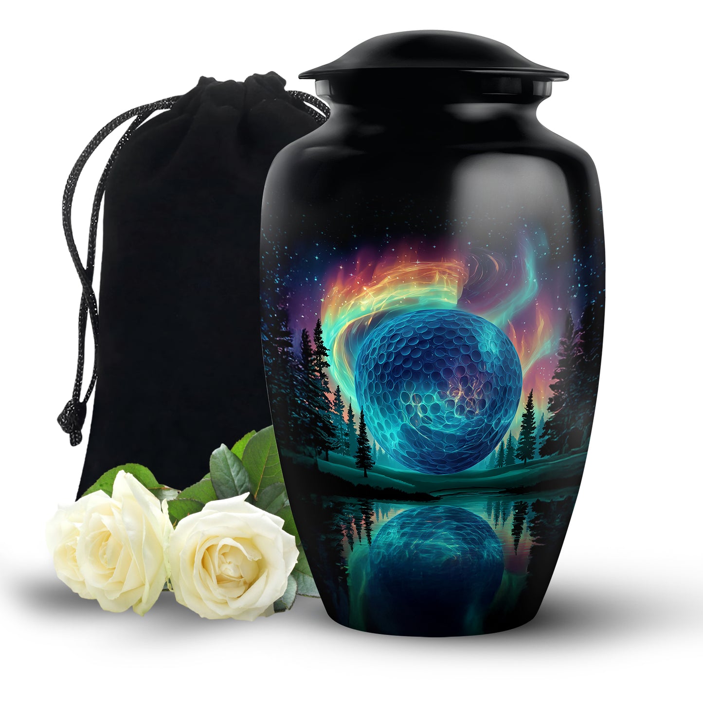 Glossy Black Golf Cremation Urn angled view of lid and engraved motif - timeless golf motif etched into premium metal - full-size 10 inch 200 cubic inch adult cremation urn