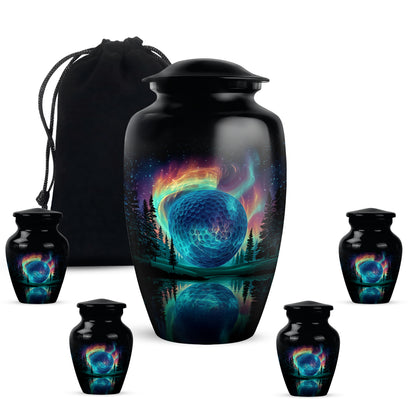 Rich Black Golf Cremation Urn top-down view of secure threaded lid - classic sculpted golf pattern on smooth aluminum - memorial set with one large and four small urns