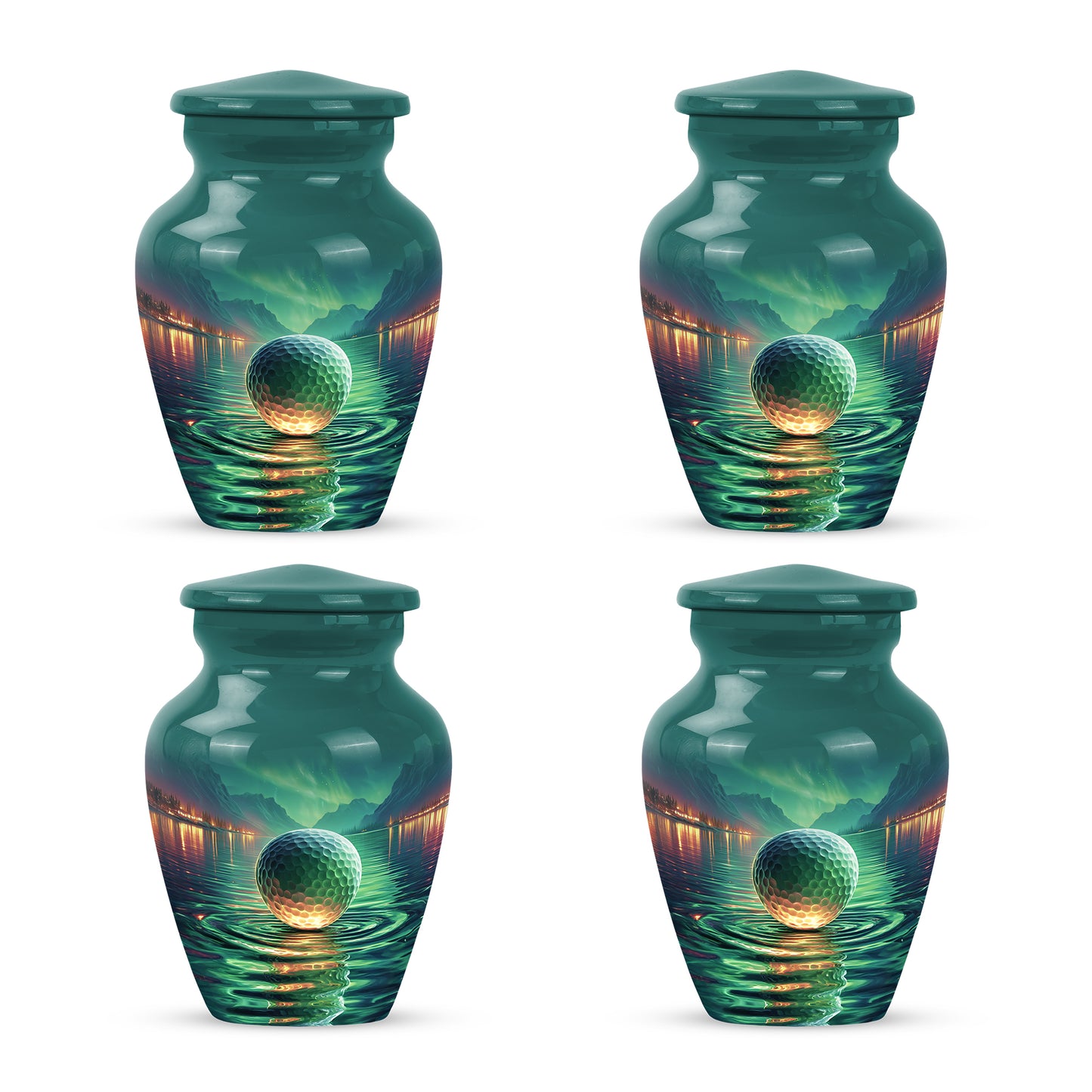 Deep Teal Golf Cremation Urn side profile showing urn shape - traditional golf engraving with hand-polished finish - 10 inch aluminum urn for cremated remains