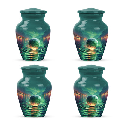 Deep Teal Golf Cremation Urn side profile showing urn shape - traditional golf engraving with hand-polished finish - 10 inch aluminum urn for cremated remains