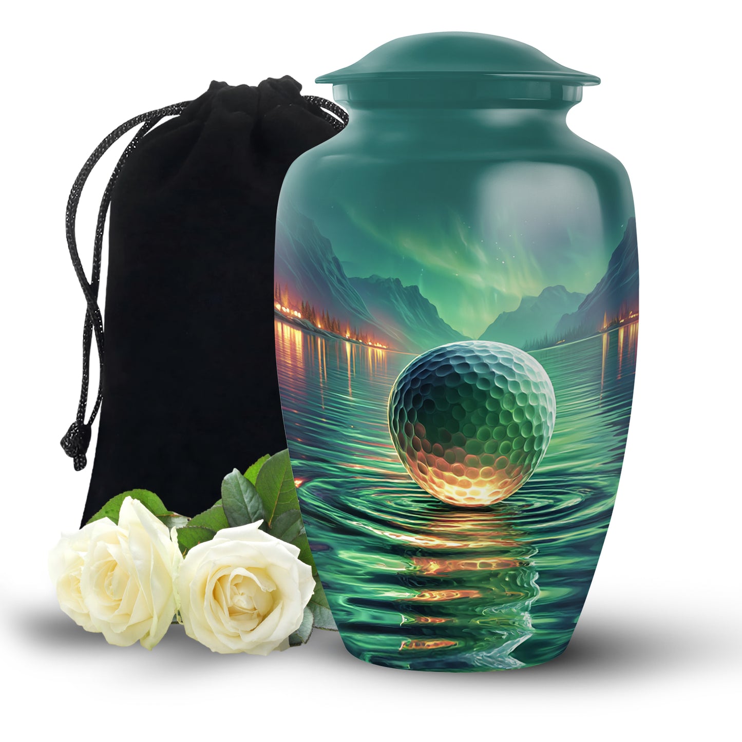 Ocean Teal Golf Cremation Urn angled view of lid and engraved motif - classic sculpted golf pattern on smooth aluminum - full-size 10 inch 200 cubic inch adult cremation urn