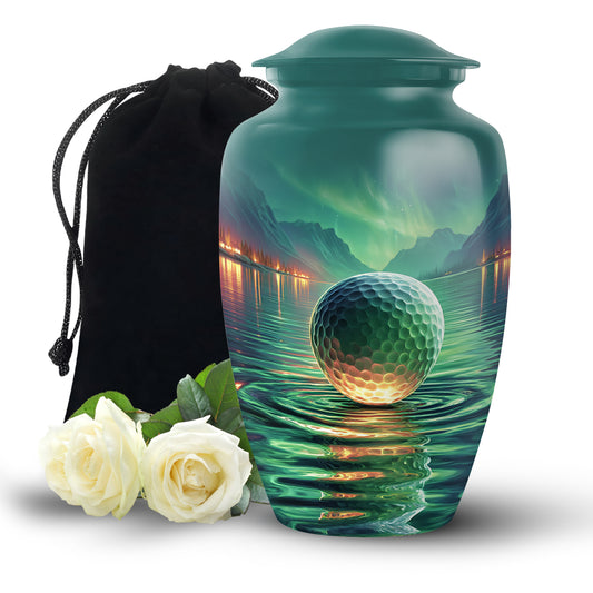 Ocean Teal Golf Cremation Urn angled view of lid and engraved motif - classic sculpted golf pattern on smooth aluminum - full-size 10 inch 200 cubic inch adult cremation urn