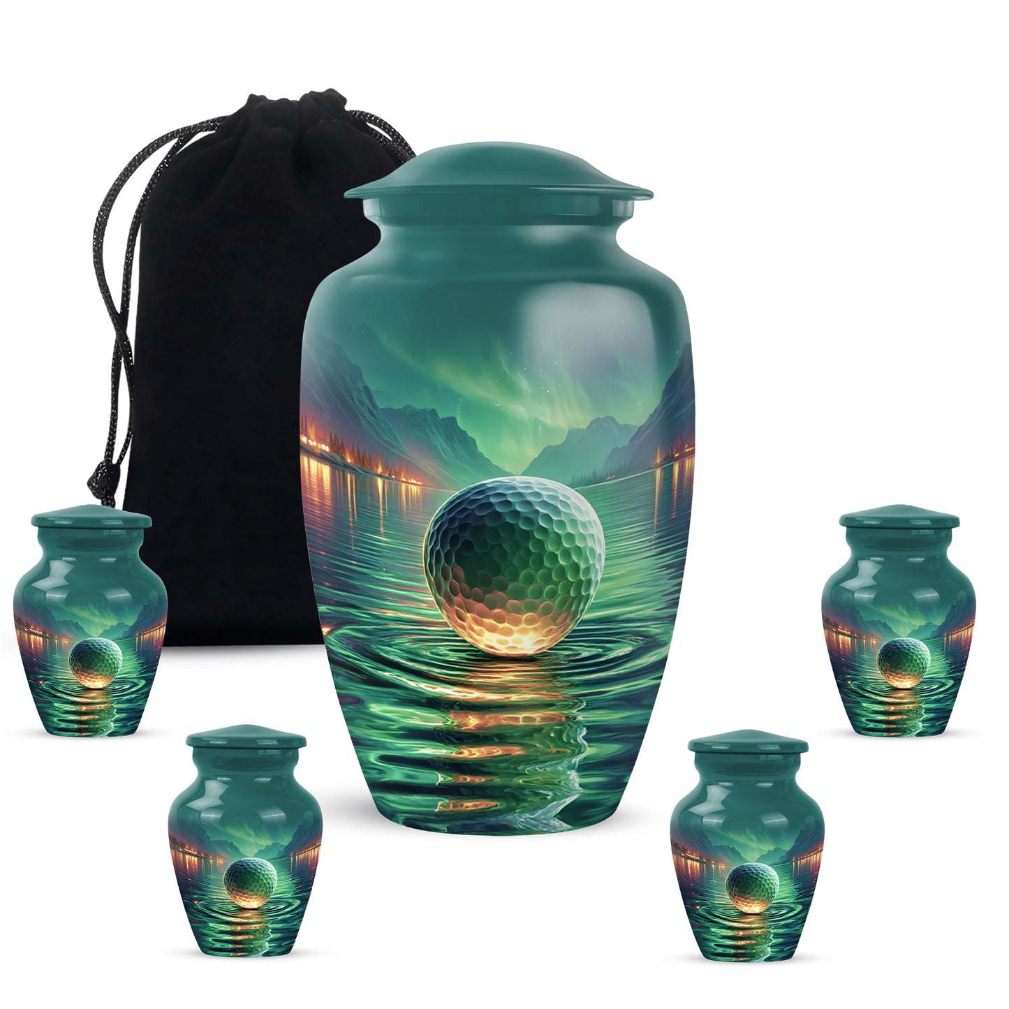 Aqua Teal Golf Cremation Urn top-down view of secure threaded lid - elegant classic golf relief with fine detailing - memorial set with one large and four small urns