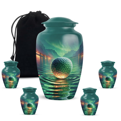 Aqua Teal Golf Cremation Urn top-down view of secure threaded lid - elegant classic golf relief with fine detailing - memorial set with one large and four small urns