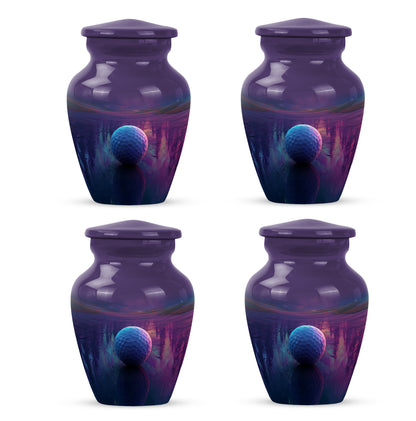 Amethyst Purple Golf Cremation Urn side profile showing urn shape - classic sculpted golf pattern on smooth aluminum - 10 inch aluminum urn for cremated remains