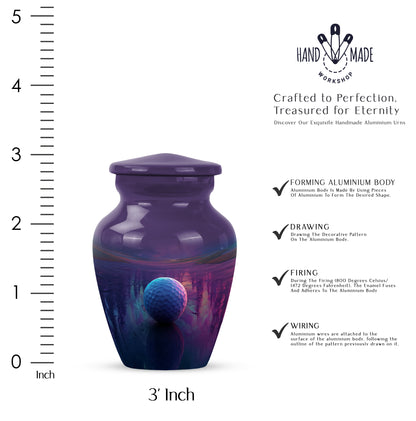 Plum Purple Golf Cremation Urn close-up of engraving and surface detail - classic sculpted golf pattern on smooth aluminum - mini keepsake memorial for portion of cremation ashes