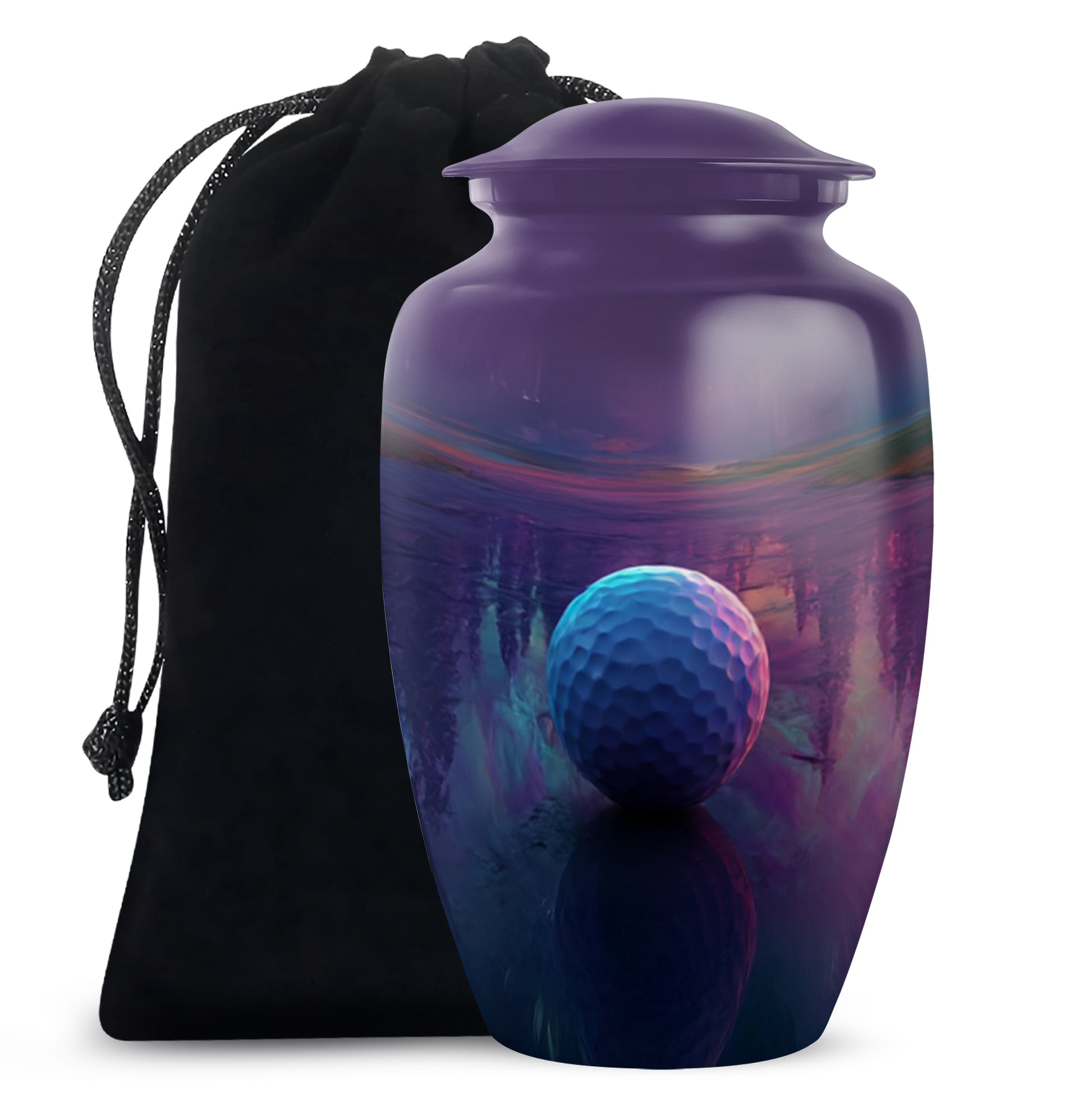 Majestic Purple Golf Cremation Urn angled view of lid and engraved motif - classic sculpted golf pattern on smooth aluminum - full-size 10 inch 200 cubic inch adult cremation urn