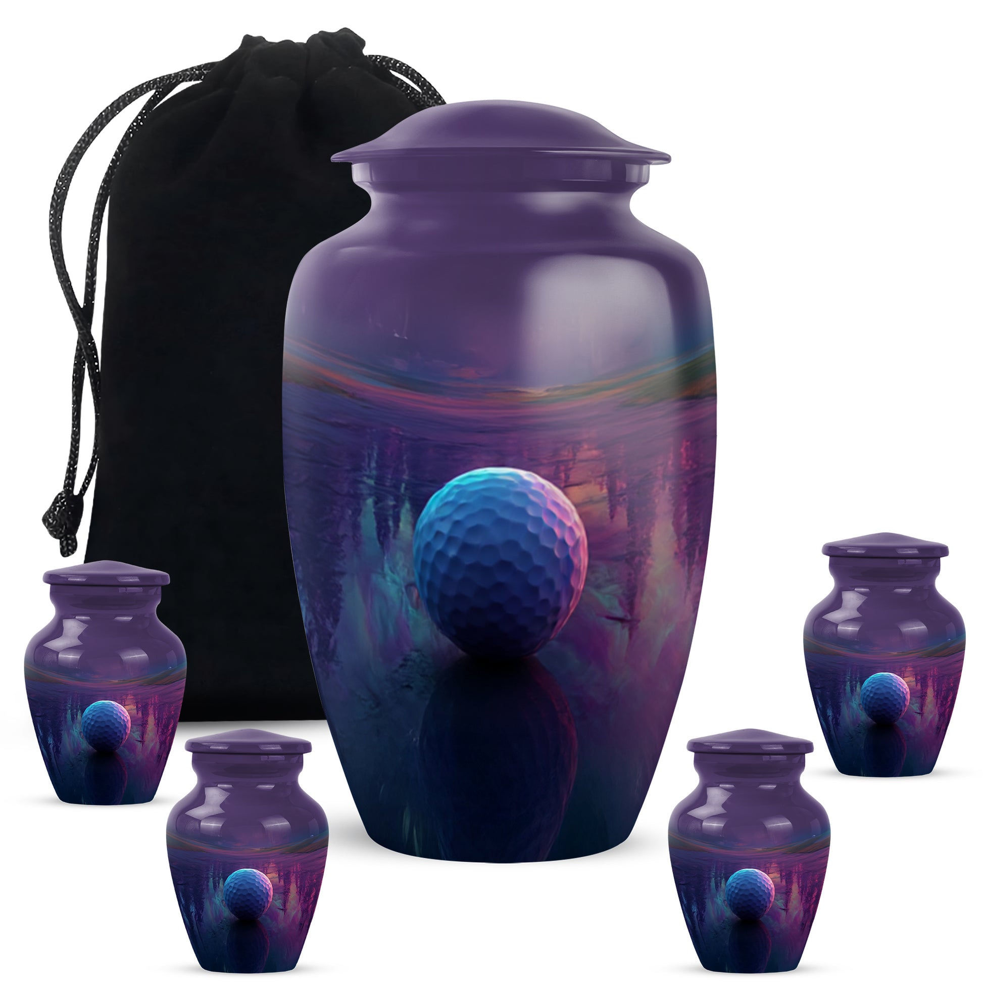 Majestic Purple Golf Cremation Urn top-down view of secure threaded lid - timeless golf motif etched into premium metal - memorial set with one large and four small urns