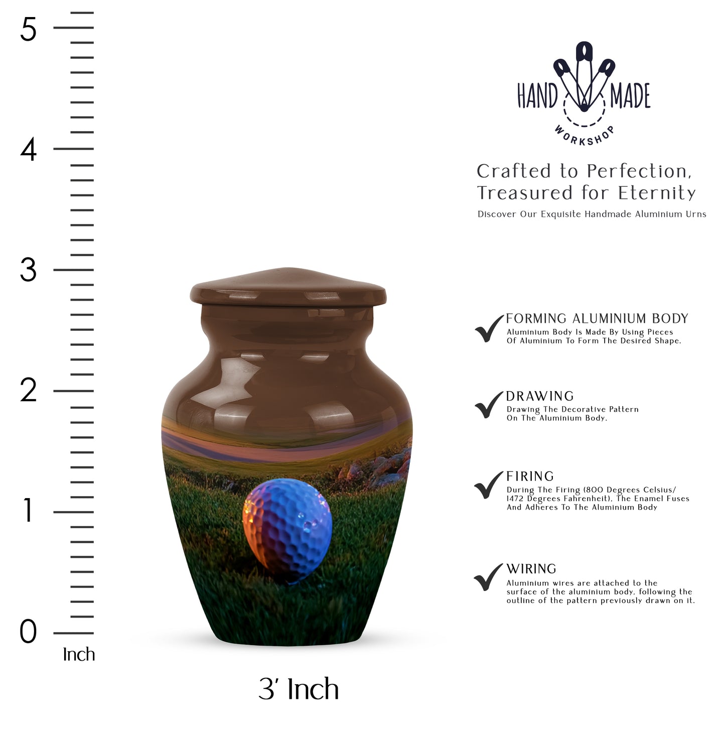 Warm Gold Golf Cremation Urn close-up of engraving and surface detail - elegant classic golf relief with fine detailing - mini keepsake memorial for portion of cremation ashes
