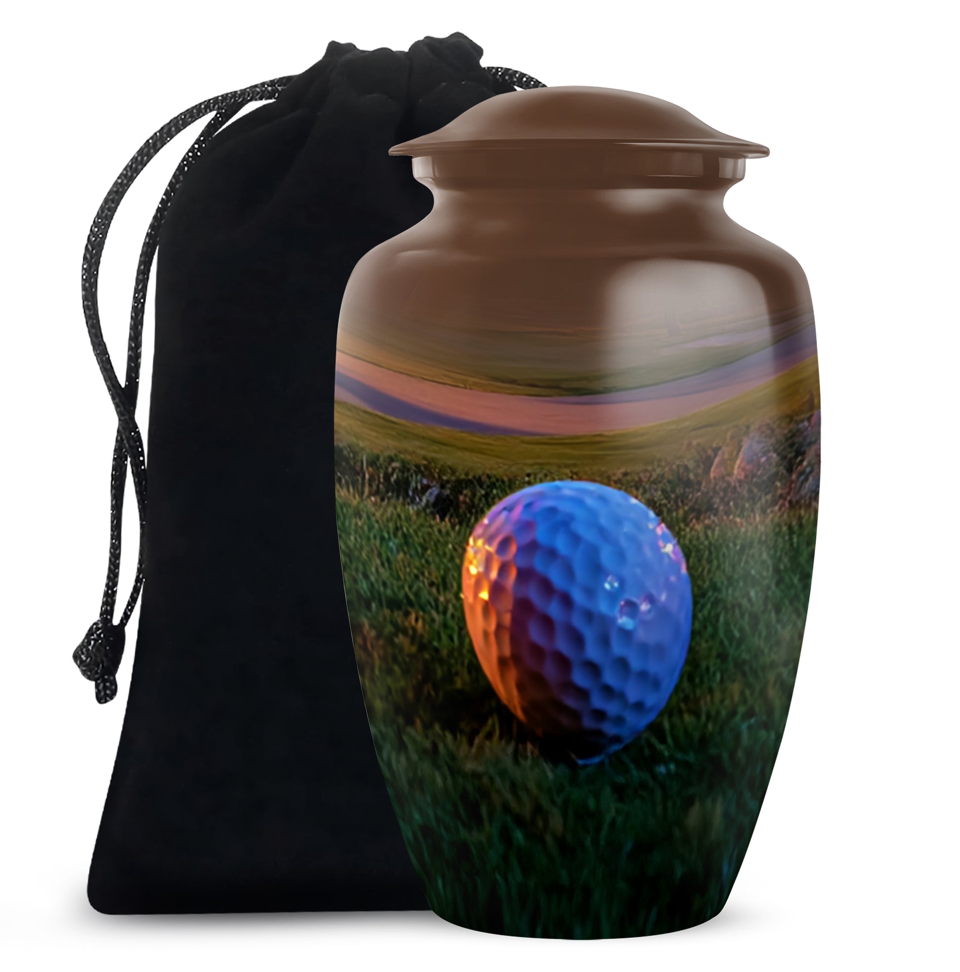 Burnished Gold Golf Cremation Urn angled view of lid and engraved motif - traditional golf engraving with hand-polished finish - full-size 10 inch 200 cubic inch adult cremation urn