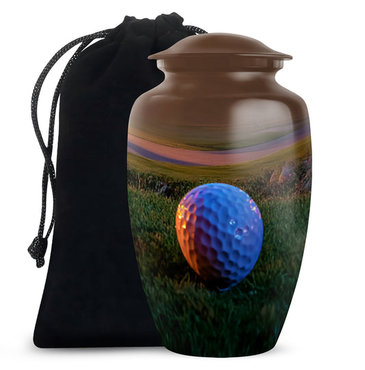 Burnished Gold Golf Cremation Urn angled view of lid and engraved motif - traditional golf engraving with hand-polished finish - full-size 10 inch 200 cubic inch adult cremation urn