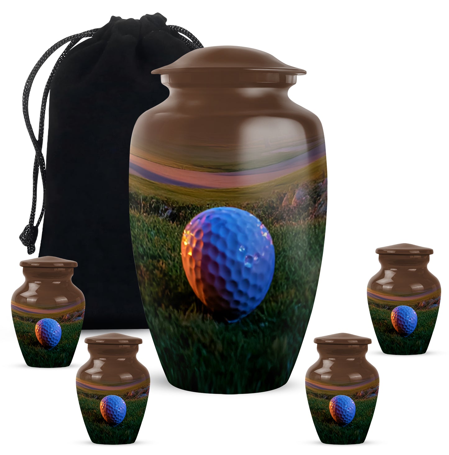 Gilded Gold Golf Cremation Urn top-down view of secure threaded lid - timeless golf motif etched into premium metal - memorial set with one large and four small urns