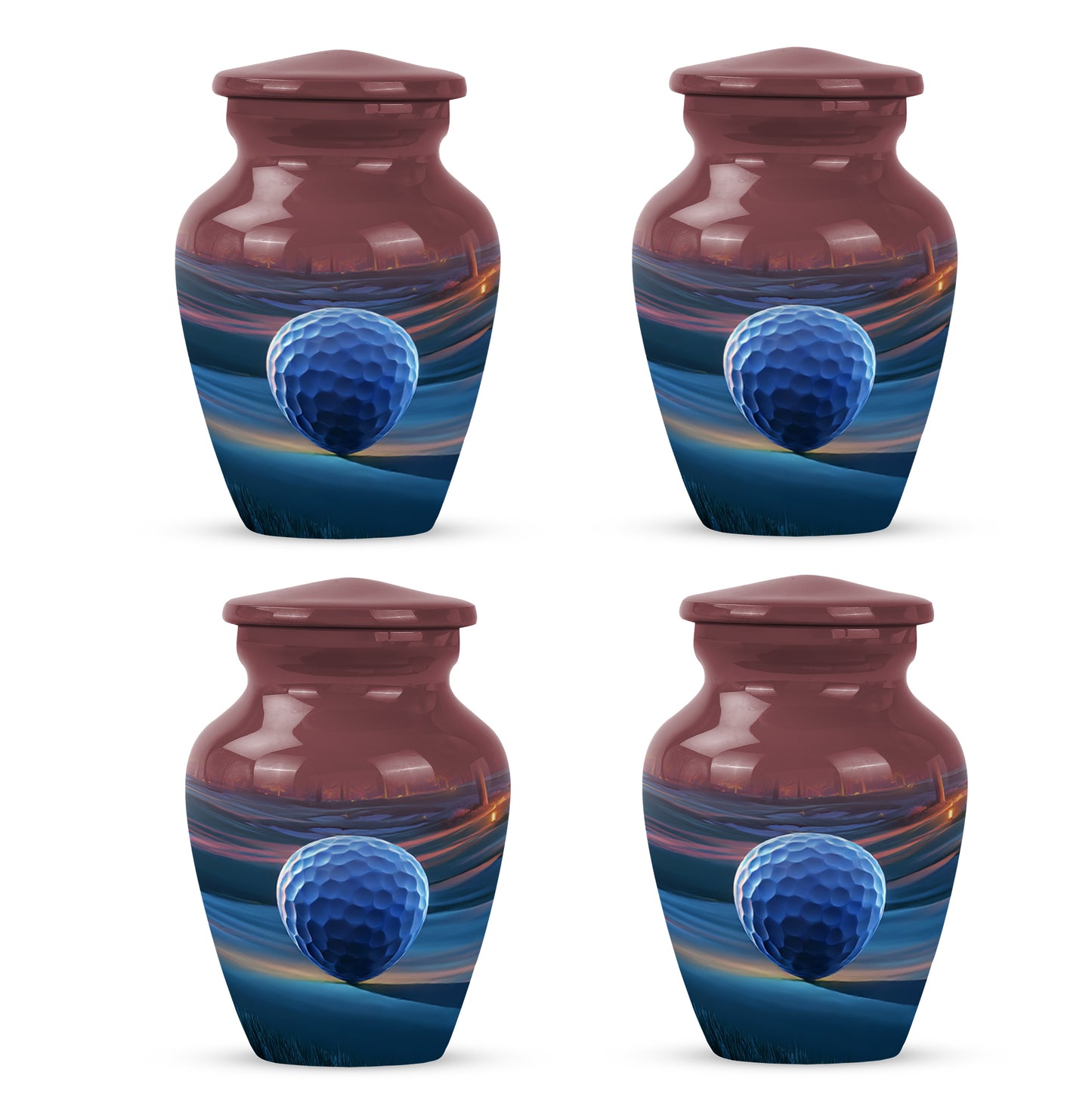 Garnet Red Golf Cremation Urn side profile showing urn shape - timeless golf motif etched into premium metal - 10 inch aluminum urn for cremated remains