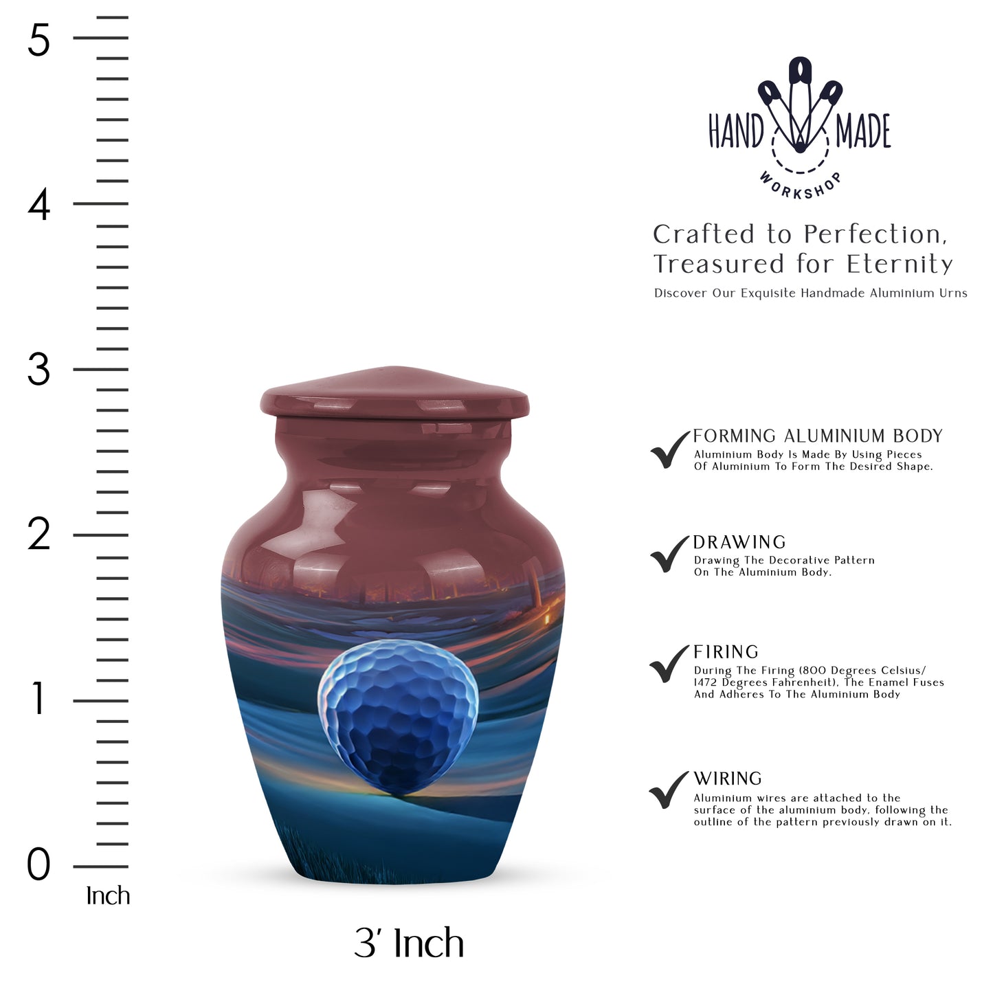 Fiery Red Golf Cremation Urn close-up of engraving and surface detail - traditional golf engraving with hand-polished finish - mini keepsake memorial for portion of cremation ashes