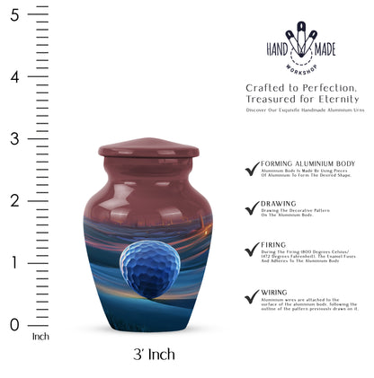 Fiery Red Golf Cremation Urn close-up of engraving and surface detail - traditional golf engraving with hand-polished finish - mini keepsake memorial for portion of cremation ashes