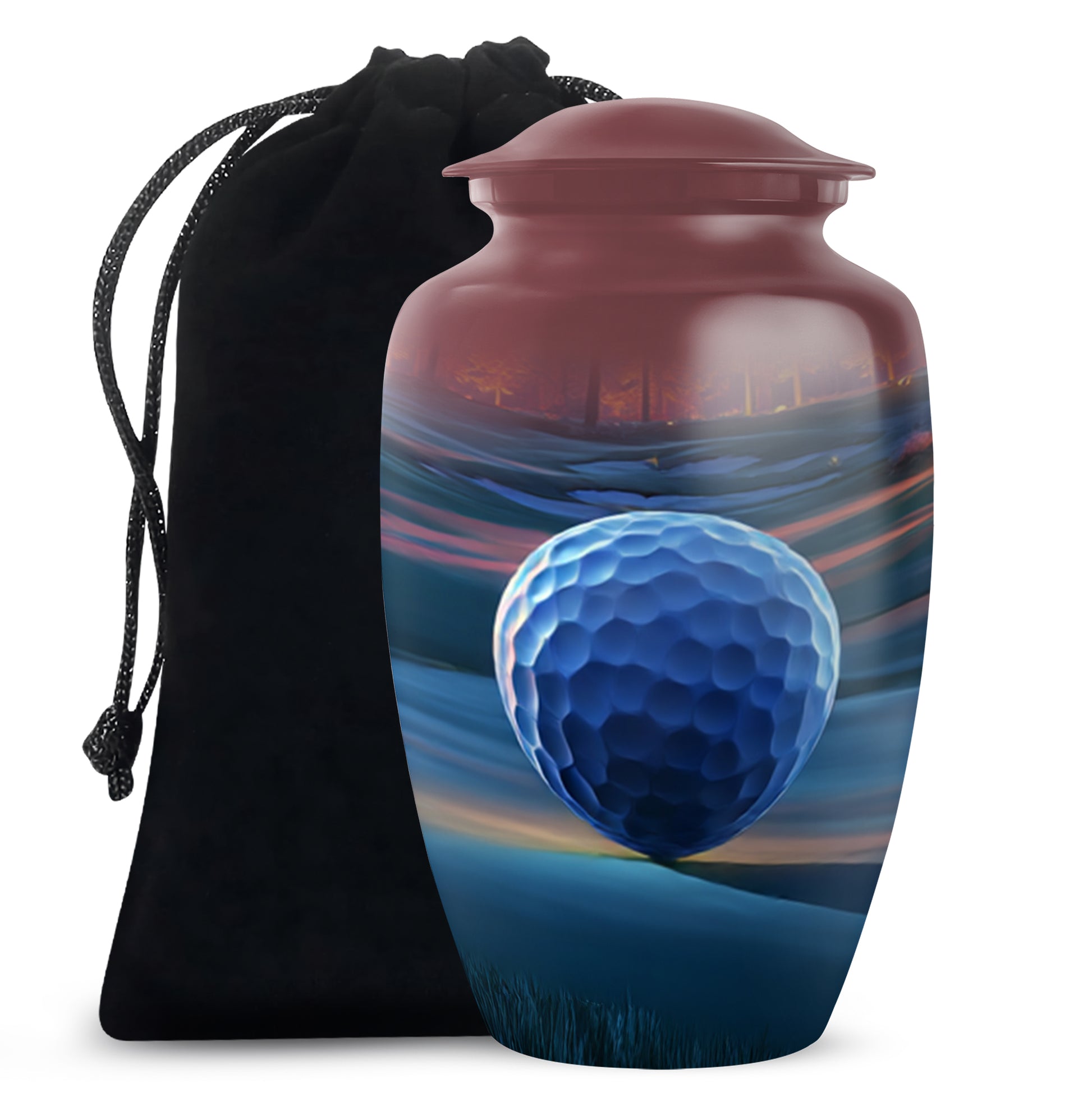 Fiery Red Golf Cremation Urn angled view of lid and engraved motif - elegant classic golf relief with fine detailing - full-size 10 inch 200 cubic inch adult cremation urn