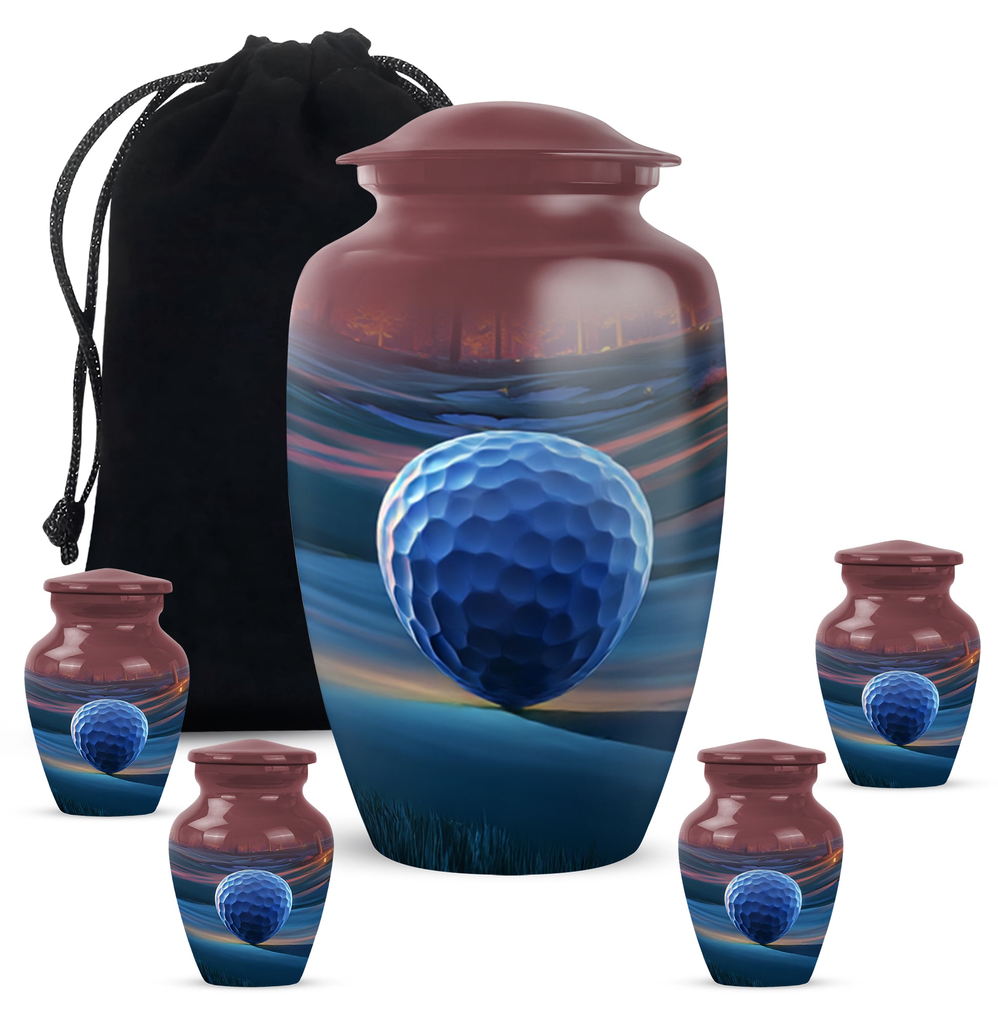 Fiery Red Golf Cremation Urn top-down view of secure threaded lid - traditional golf engraving with hand-polished finish - memorial set with one large and four small urns