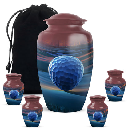Fiery Red Golf Cremation Urn top-down view of secure threaded lid - traditional golf engraving with hand-polished finish - memorial set with one large and four small urns