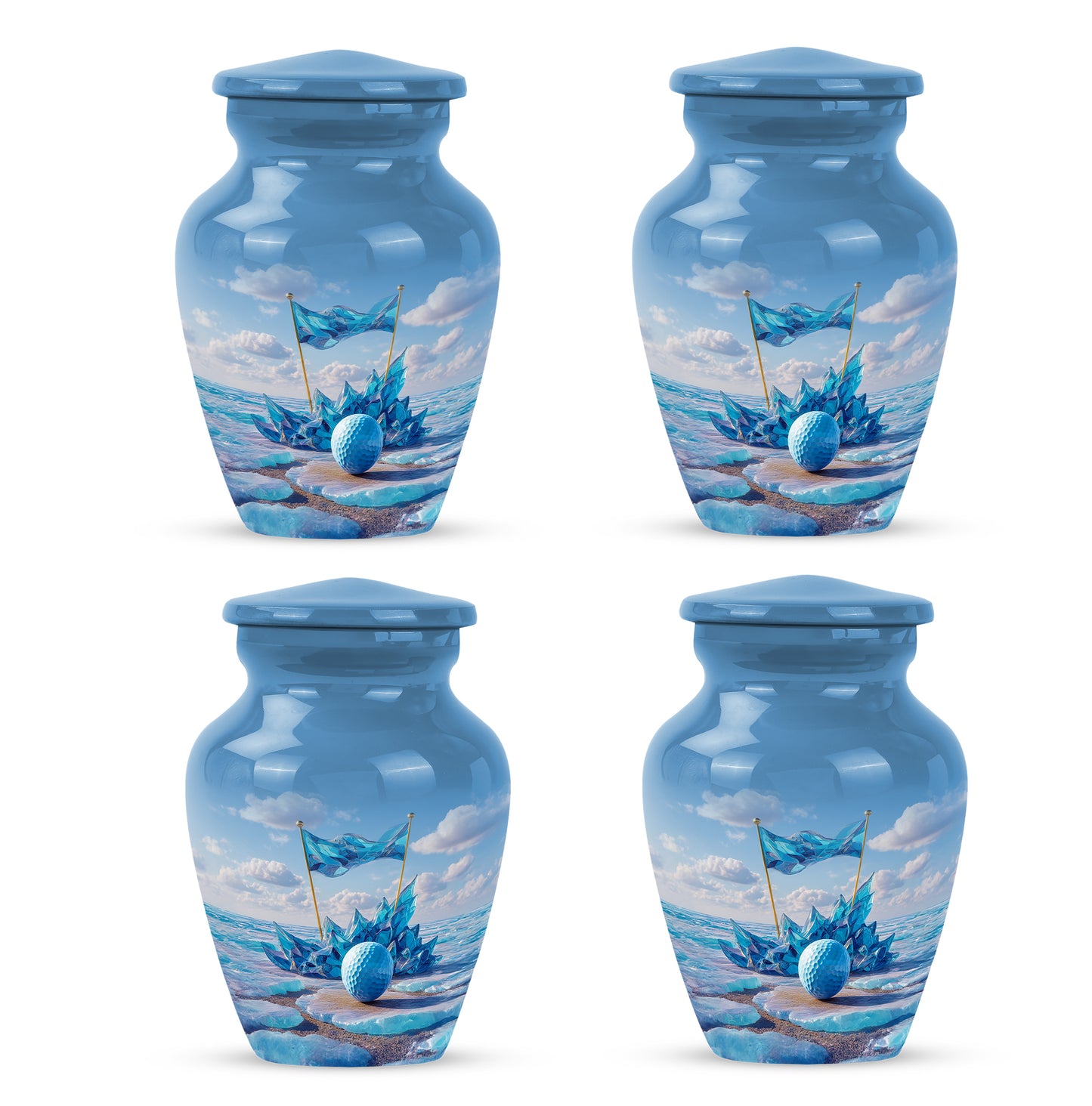 Pastel Blue Golf Cremation Urn side profile showing urn shape - classic sculpted golf pattern on smooth aluminum - 10 inch aluminum urn for cremated remains