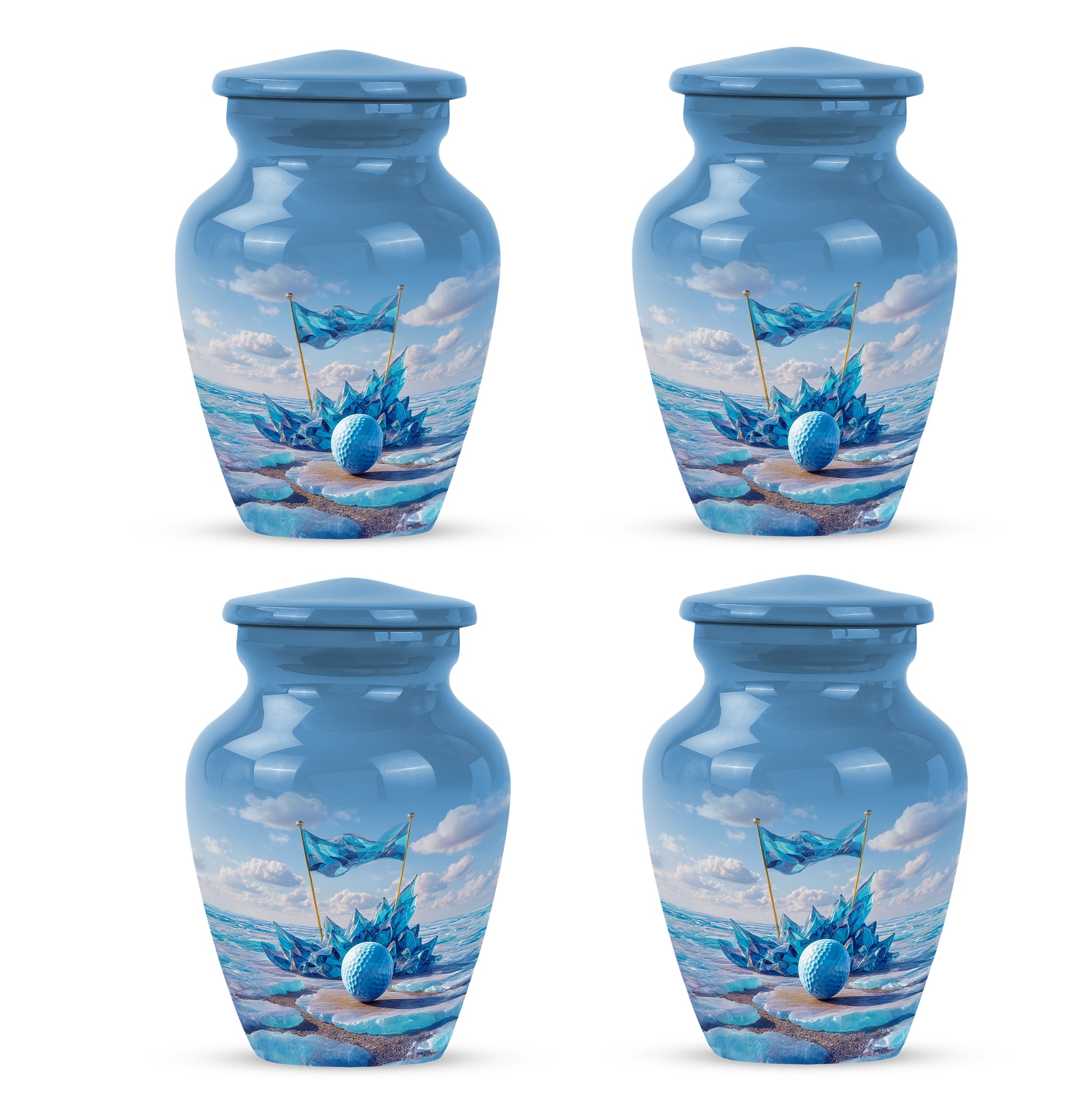Pastel Blue Golf Cremation Urn side profile showing urn shape - classic sculpted golf pattern on smooth aluminum - 10 inch aluminum urn for cremated remains