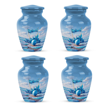 Pastel Blue Golf Cremation Urn side profile showing urn shape - classic sculpted golf pattern on smooth aluminum - 10 inch aluminum urn for cremated remains