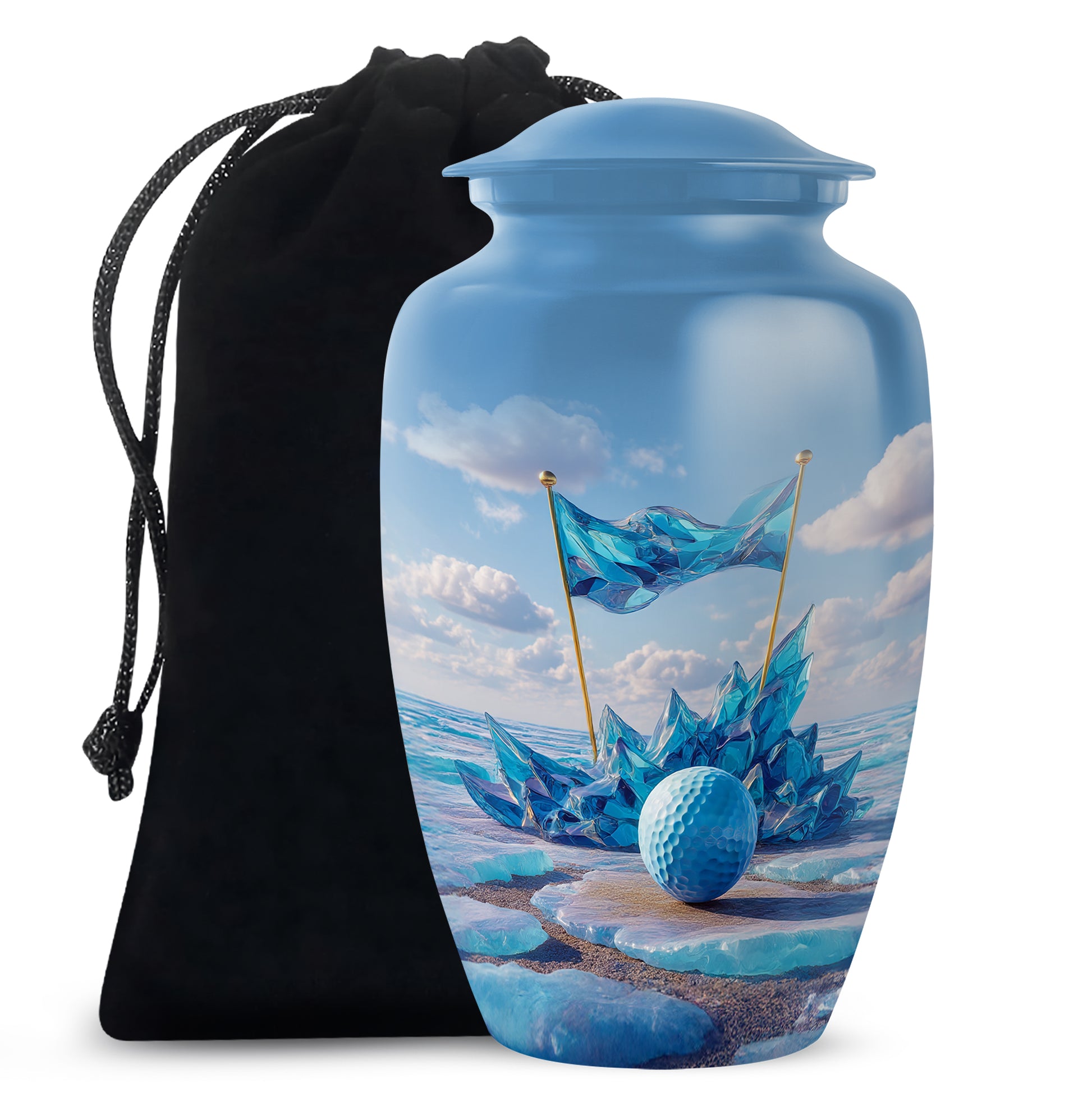 Misty Blue Golf Cremation Urn angled view of lid and engraved motif - timeless golf motif etched into premium metal - full-size 10 inch 200 cubic inch adult cremation urn