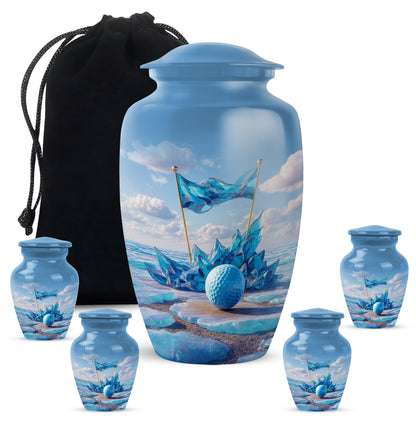 Slate Blue Golf Cremation Urn top-down view of secure threaded lid - timeless golf motif etched into premium metal - memorial set with one large and four small urns
