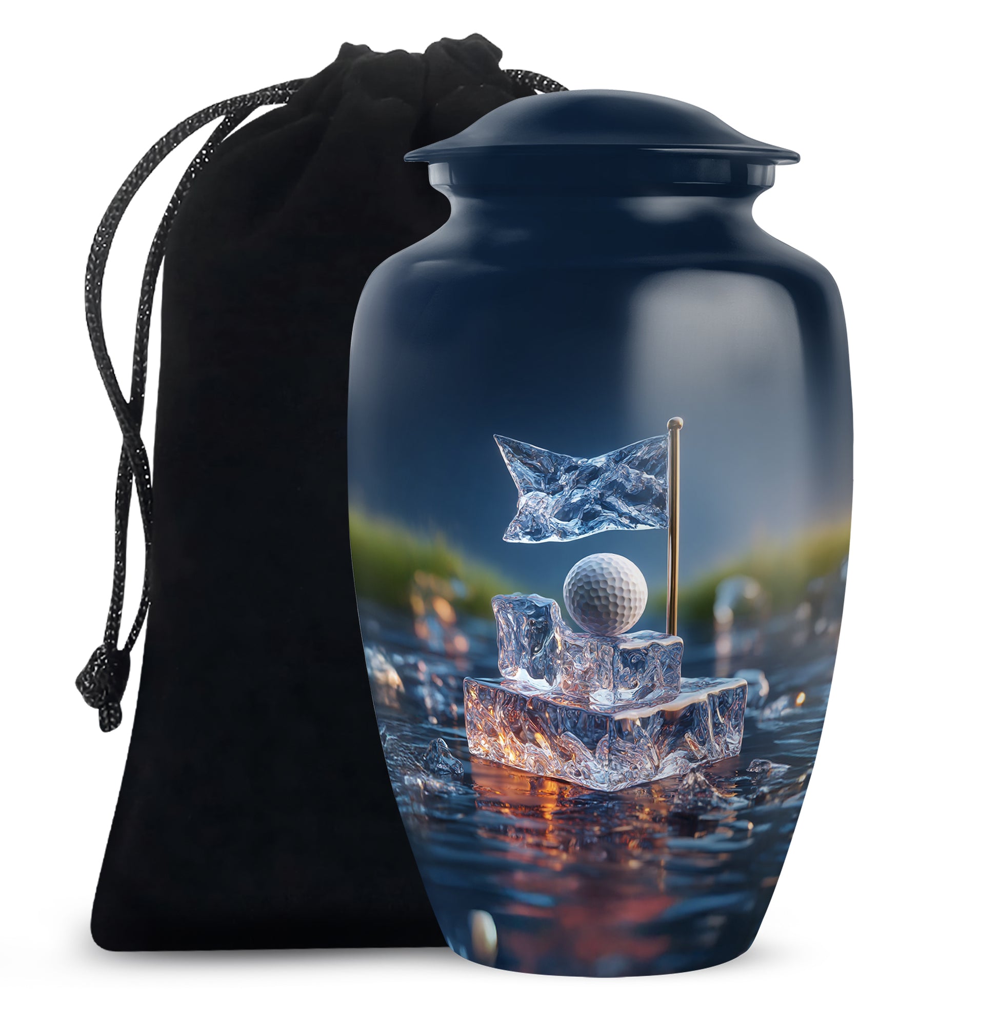 Misty Blue Golf Cremation Urn angled view of lid and engraved motif - classic sculpted golf pattern on smooth aluminum - full-size 10 inch 200 cubic inch adult cremation urn