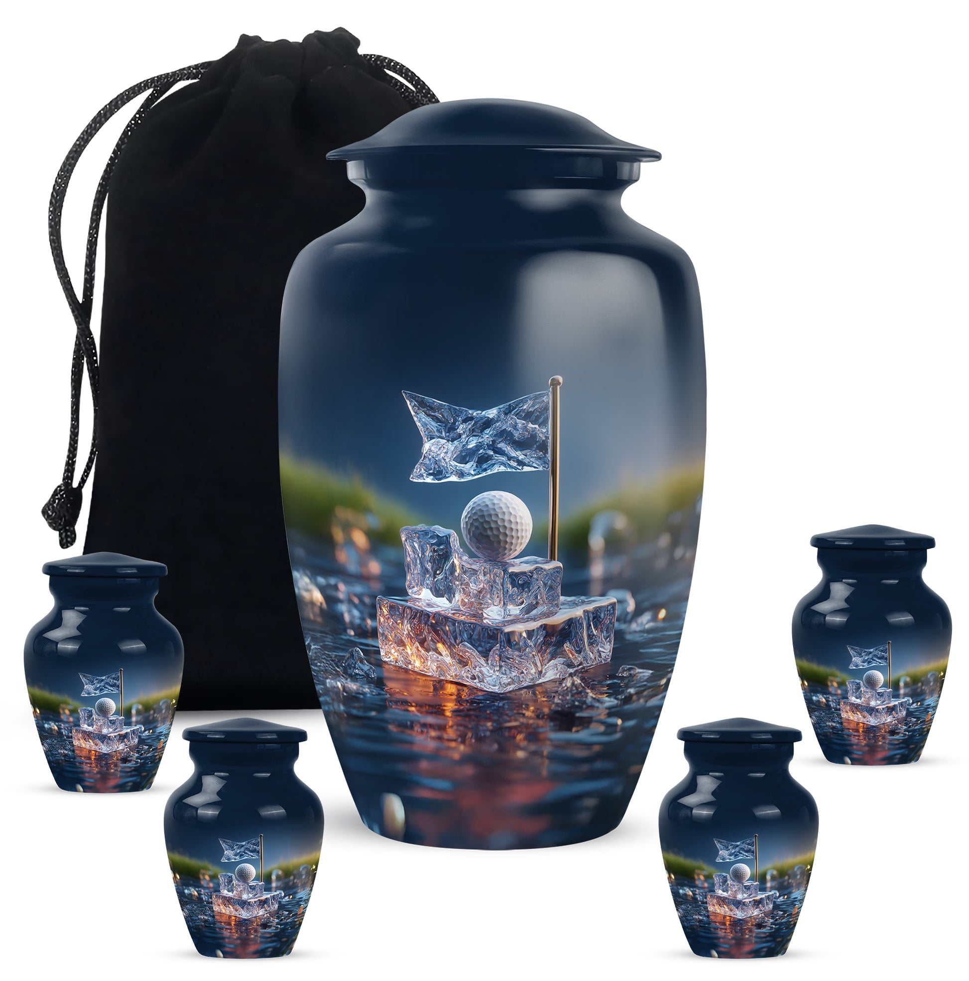 Indigo Golf Cremation Urn top-down view of secure threaded lid - classic sculpted golf pattern on smooth aluminum - memorial set with one large and four small urns