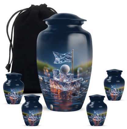 Indigo Golf Cremation Urn top-down view of secure threaded lid - classic sculpted golf pattern on smooth aluminum - memorial set with one large and four small urns