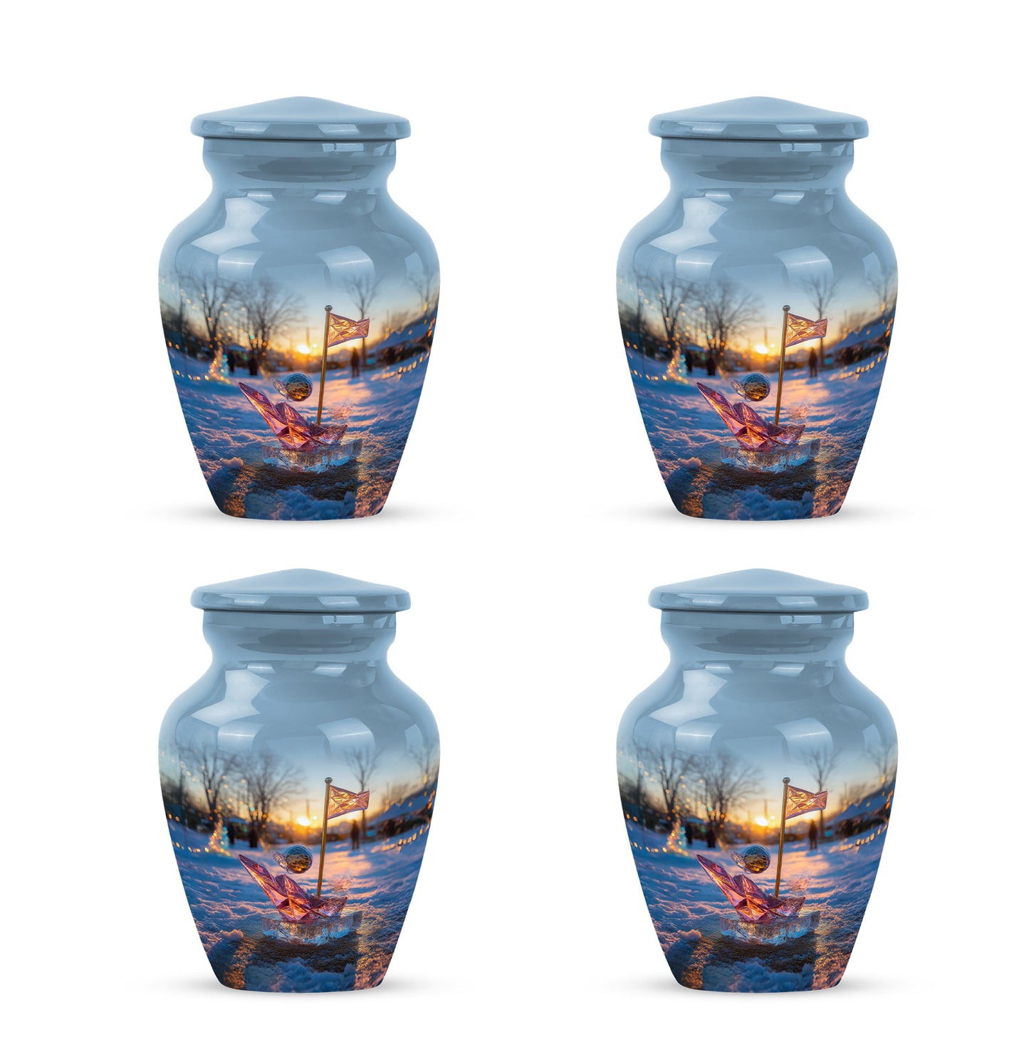 Dusty Blue Golf Cremation Urn side profile showing urn shape - timeless golf motif etched into premium metal - 10 inch aluminum urn for cremated remains