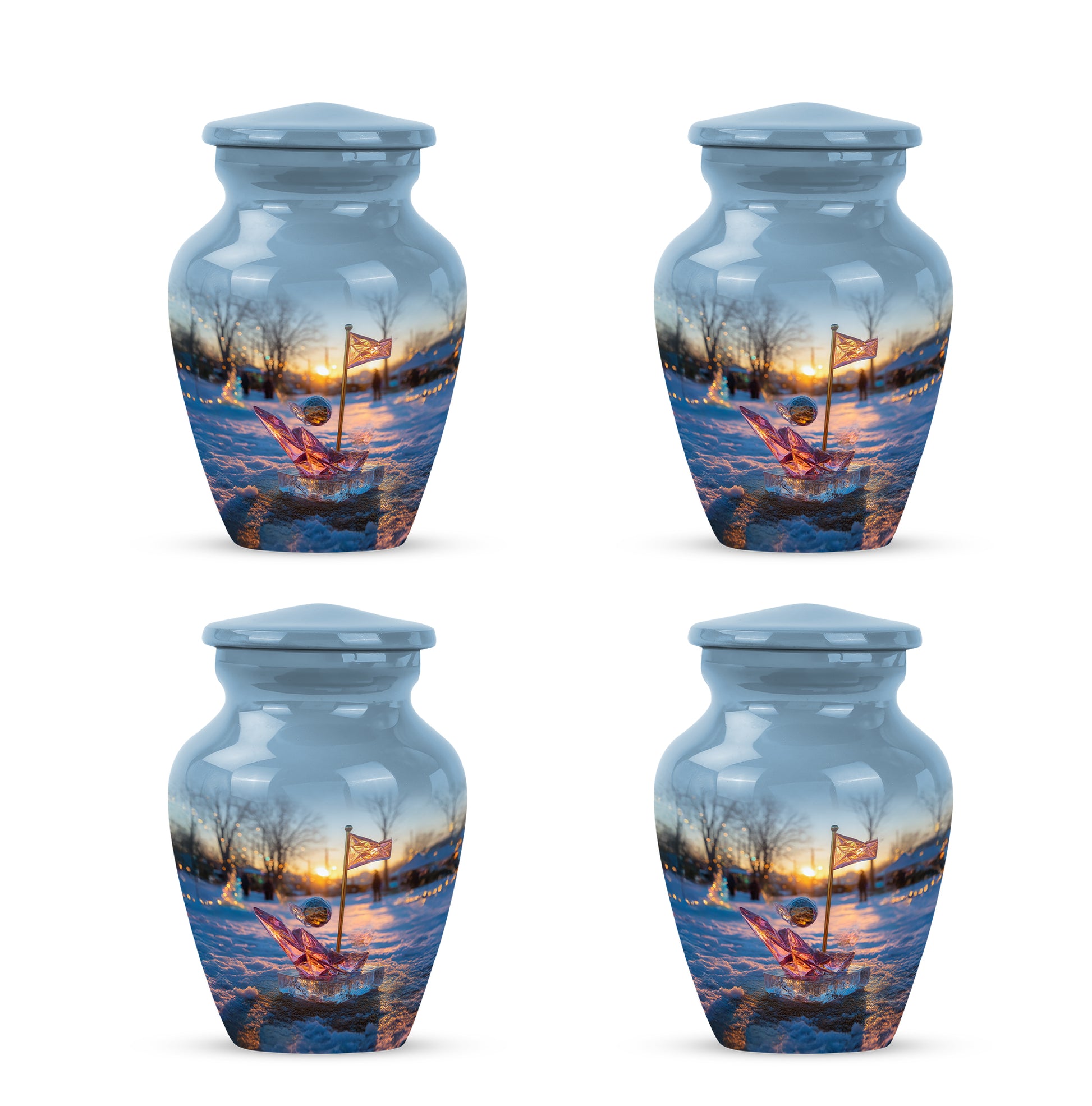 Dusty Blue Golf Cremation Urn side profile showing urn shape - timeless golf motif etched into premium metal - 10 inch aluminum urn for cremated remains