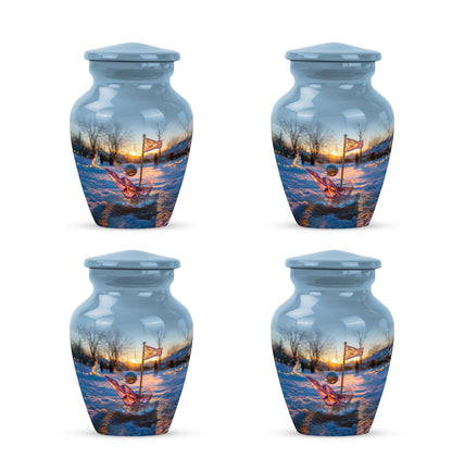Dusty Blue Golf Cremation Urn side profile showing urn shape - timeless golf motif etched into premium metal - 10 inch aluminum urn for cremated remains