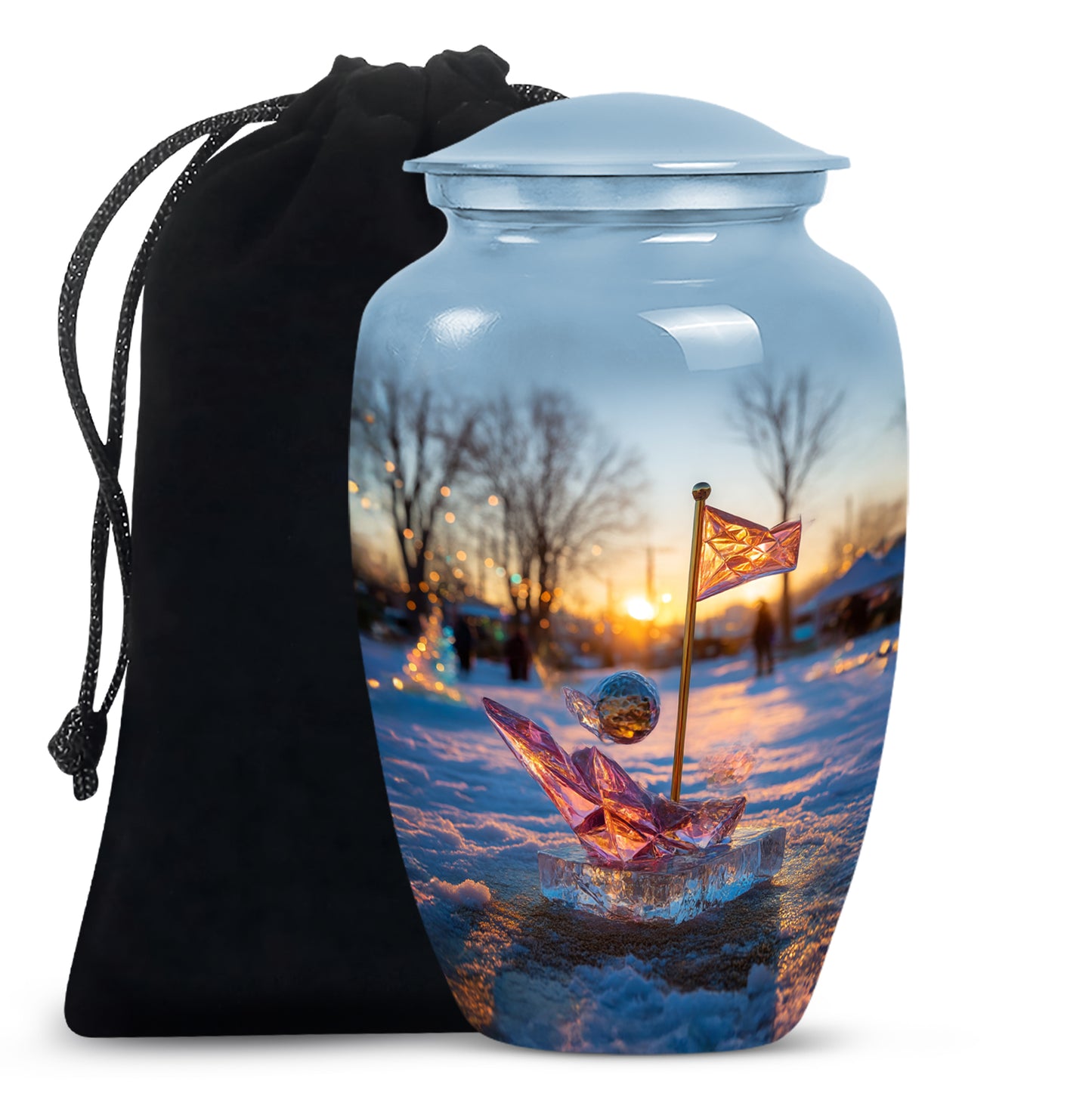 Cornflower Blue Golf Cremation Urn angled view of lid and engraved motif - elegant classic golf relief with fine detailing - full-size 10 inch 200 cubic inch adult cremation urn
