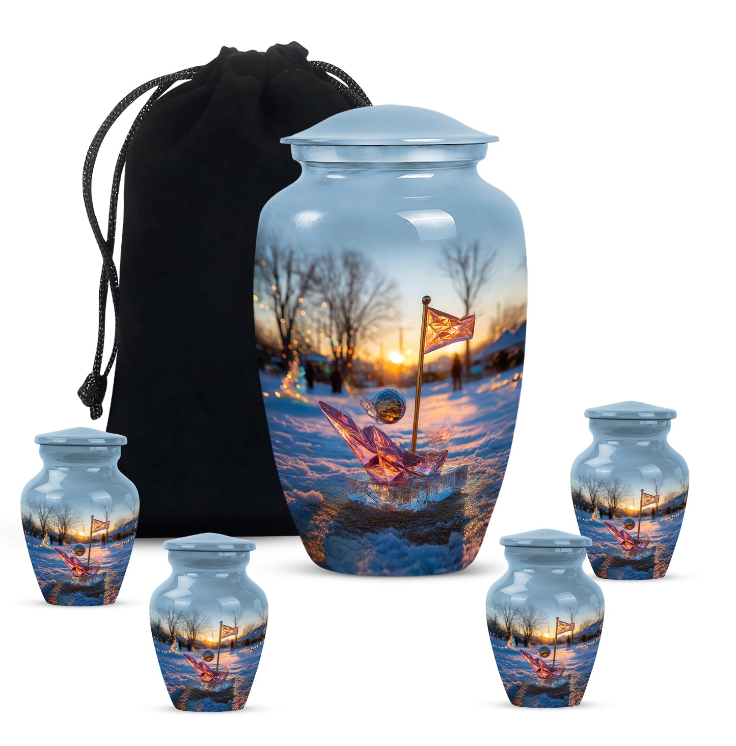 Sapphire Blue Golf Cremation Urn top-down view of secure threaded lid - traditional golf engraving with hand-polished finish - memorial set with one large and four small urns