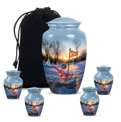 Sapphire Blue Golf Cremation Urn top-down view of secure threaded lid - traditional golf engraving with hand-polished finish - memorial set with one large and four small urns