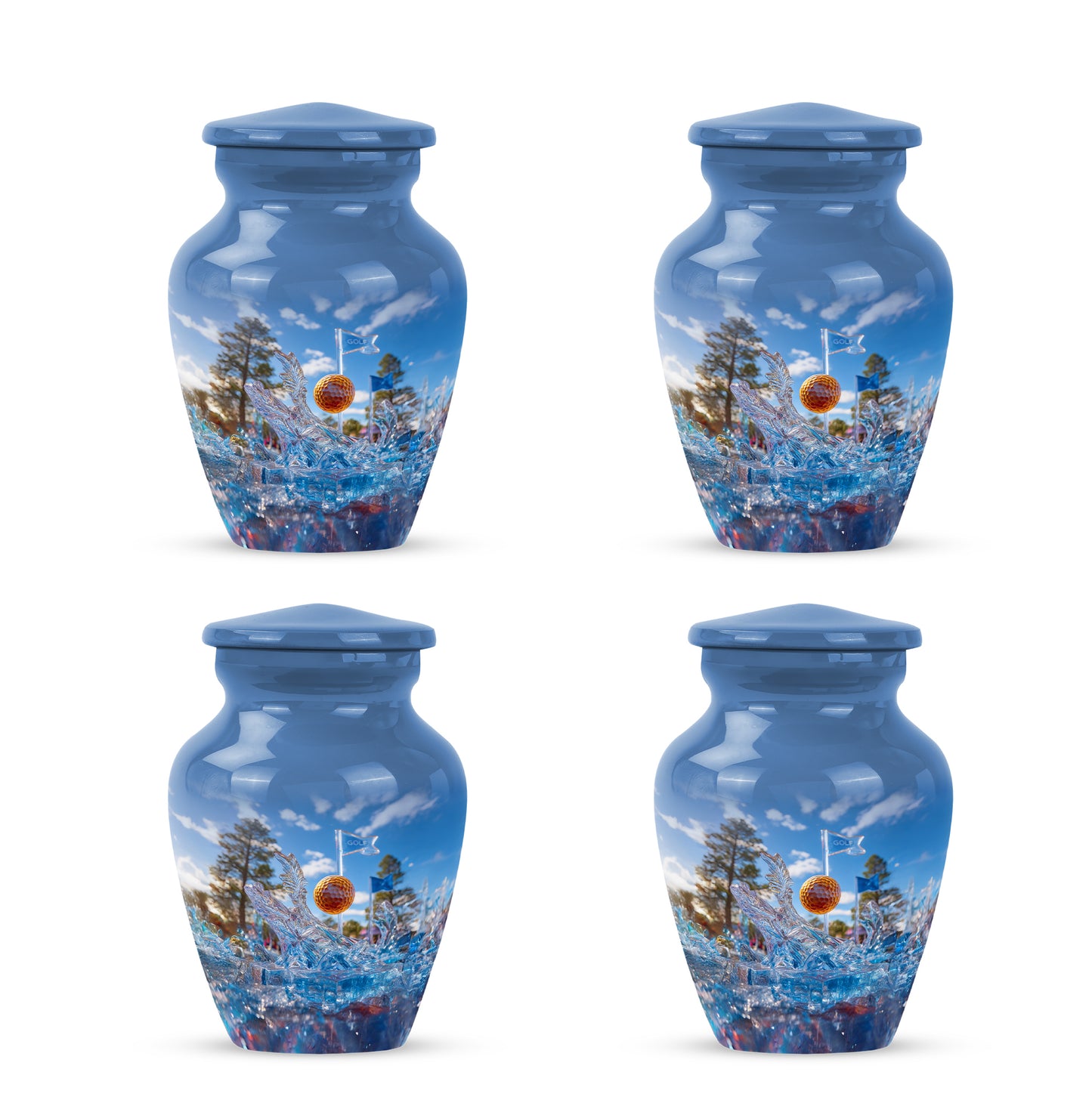 Royal Blue Golf Cremation Urn side profile showing urn shape - elegant classic golf relief with fine detailing - 10 inch aluminum urn for cremated remains