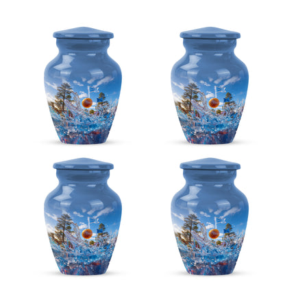 Royal Blue Golf Cremation Urn side profile showing urn shape - elegant classic golf relief with fine detailing - 10 inch aluminum urn for cremated remains