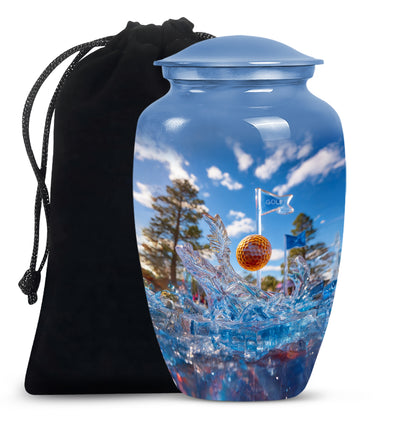 Indigo Golf Cremation Urn angled view of lid and engraved motif - classic sculpted golf pattern on smooth aluminum - full-size 10 inch 200 cubic inch adult cremation urn