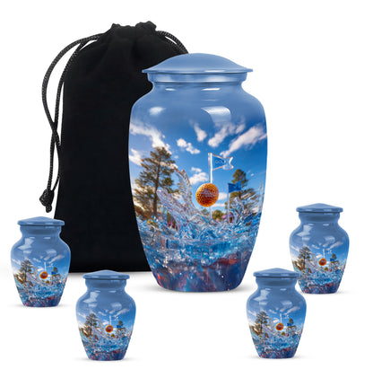 Twilight Blue Golf Cremation Urn top-down view of secure threaded lid - elegant classic golf relief with fine detailing - memorial set with one large and four small urns