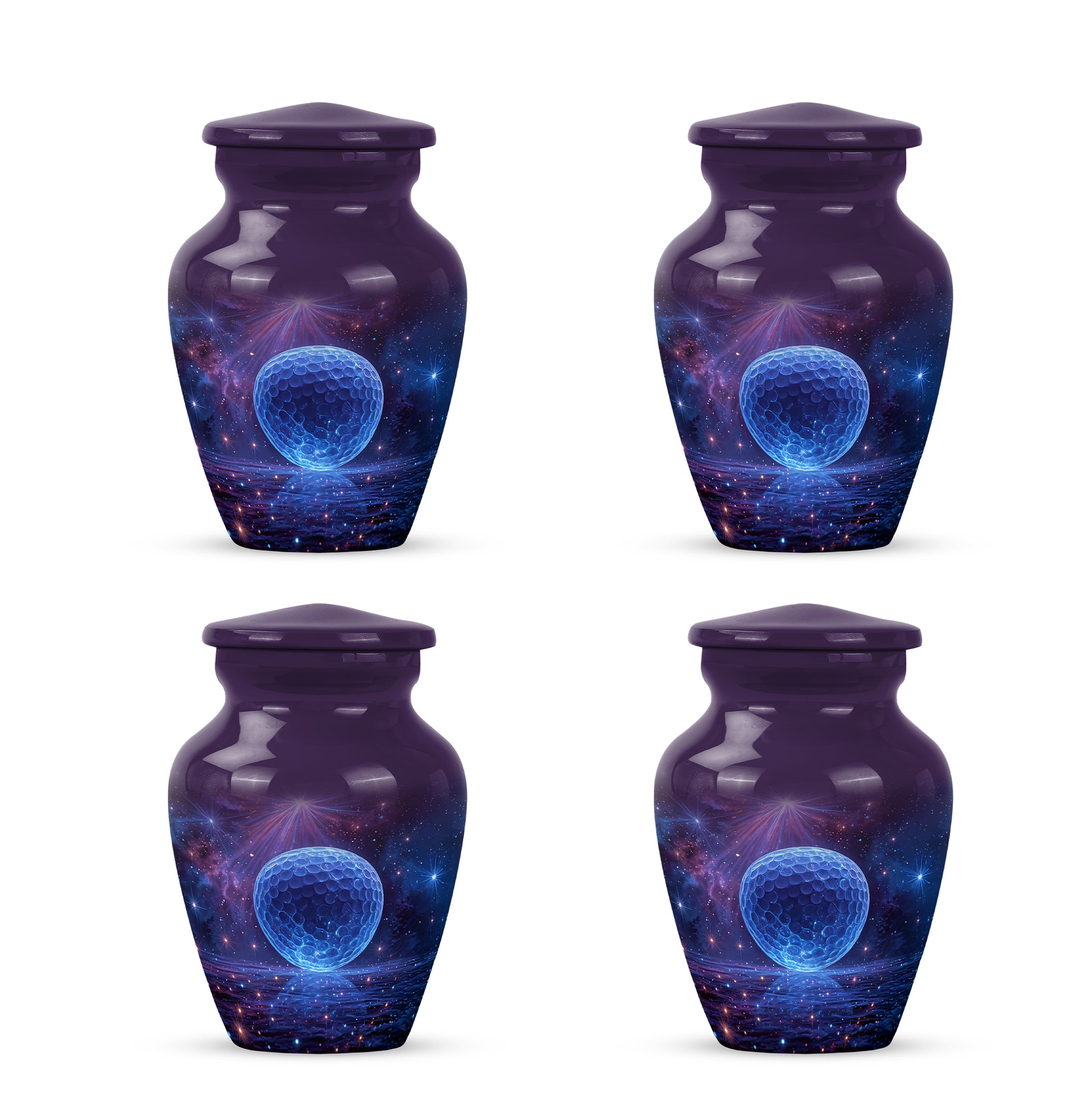 Plum Purple Golf Cremation Urn side profile showing urn shape - classic sculpted golf pattern on smooth aluminum - 10 inch aluminum urn for cremated remains