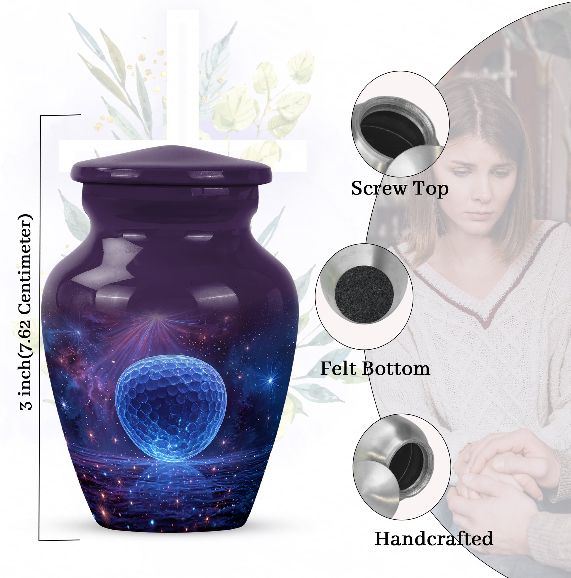 Deep Purple Golf Cremation Urn close-up of engraving and surface detail - classic sculpted golf pattern on smooth aluminum - mini keepsake memorial for portion of cremation ashes