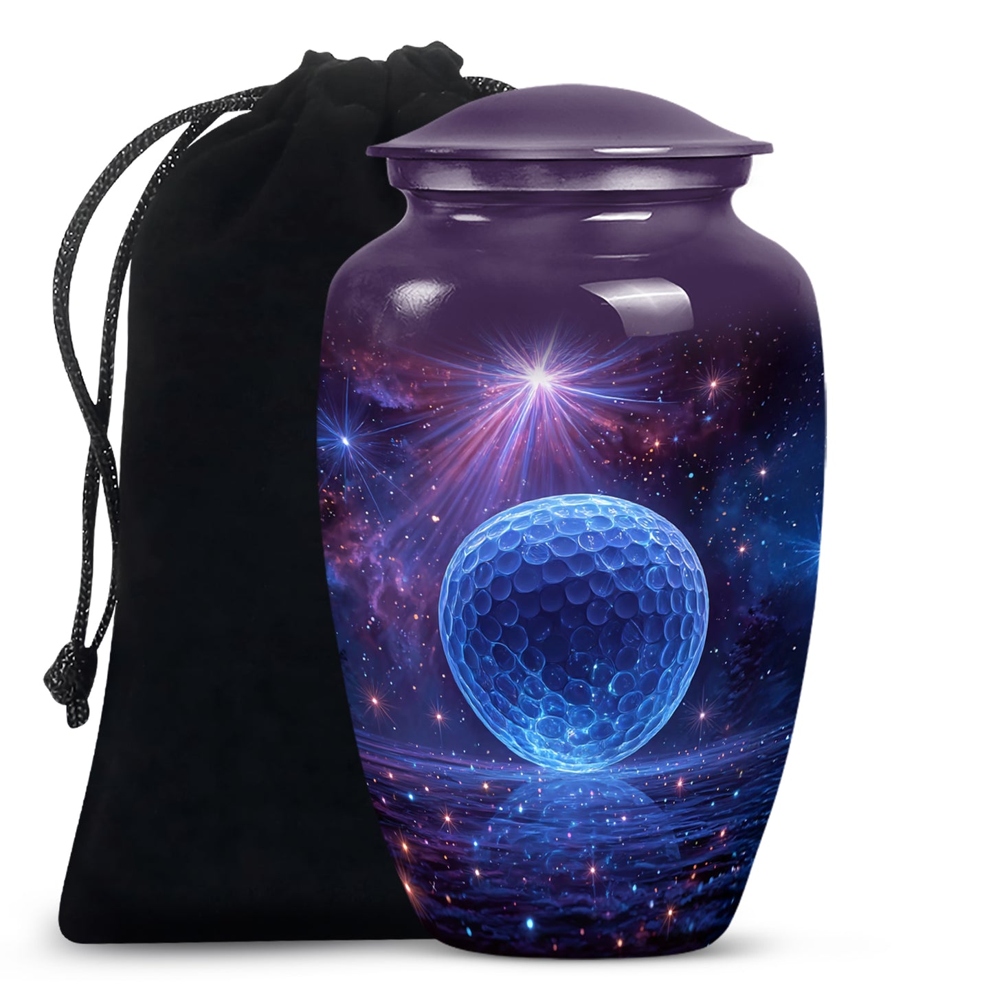 Amethyst Purple Golf Cremation Urn angled view of lid and engraved motif - classic sculpted golf pattern on smooth aluminum - full-size 10 inch 200 cubic inch adult cremation urn