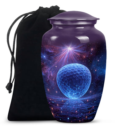 Amethyst Purple Golf Cremation Urn angled view of lid and engraved motif - classic sculpted golf pattern on smooth aluminum - full-size 10 inch 200 cubic inch adult cremation urn